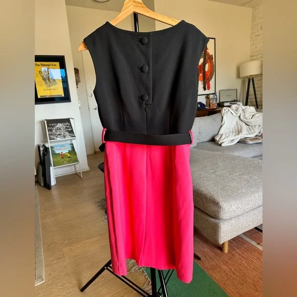 Milly Vibrant Pink and Black Dress w/ Tonal Belt Size 8 - Picture 3 of 5